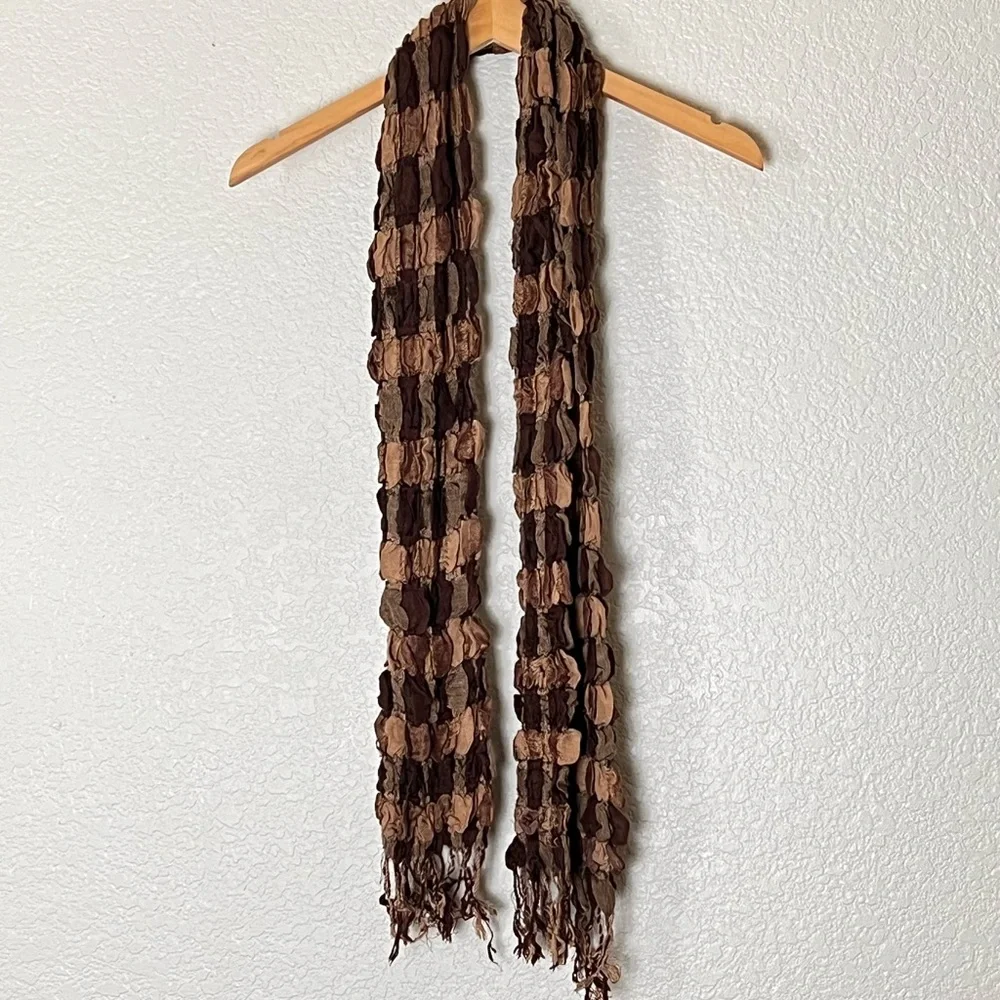 Brown checkered crinkle fringe scarf wrap